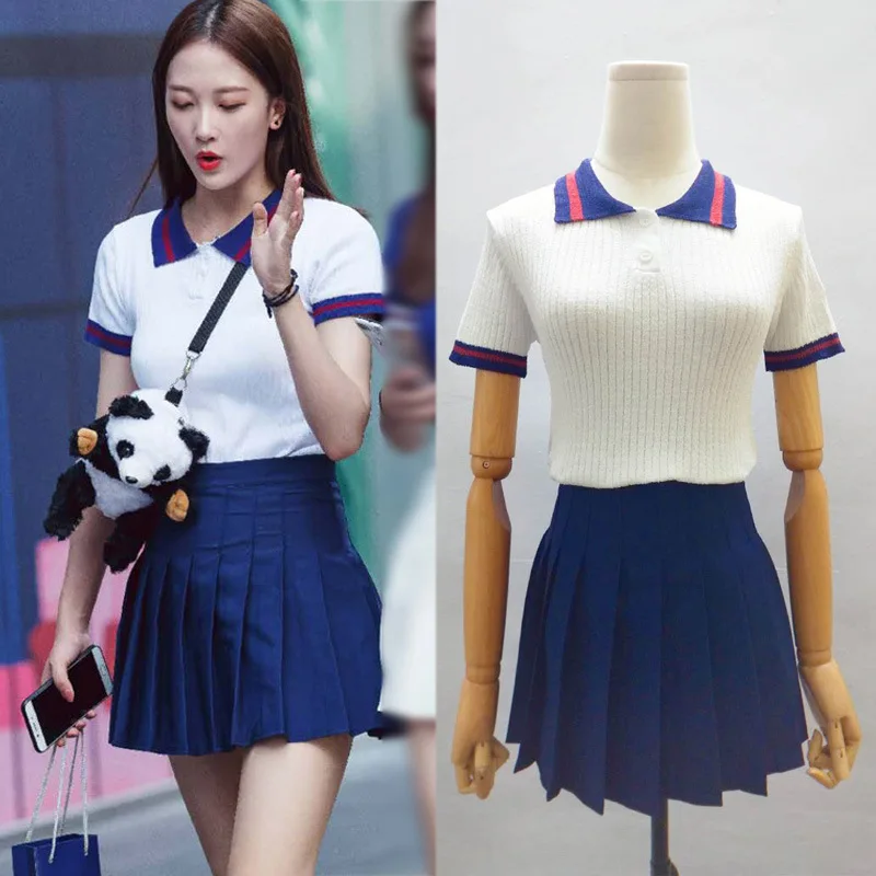 

Douyin Chengdu Sweets White Short-sleeved Stripes Sweater + A- line Short Skirt Set