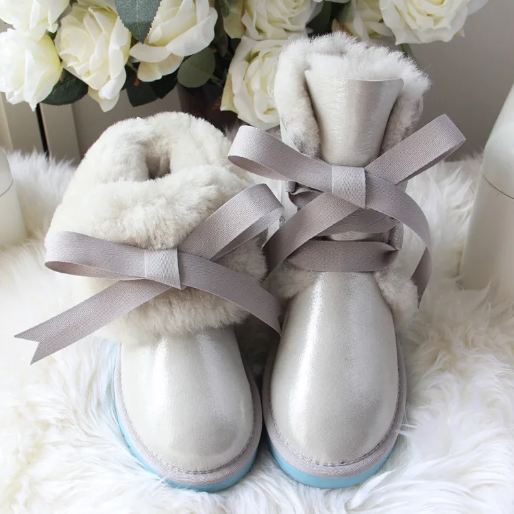 Модные зимние ботинки из натуральной овечьей кожи; водонепроницаемые зимние ботинки; натуральный мех; теплая шерсть; женские ботинки; нескользящая обувь - Цвет: White as pic