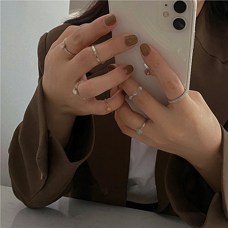 Vintage Colorful Stone Metallic Chain Trendy Geometry Hit Rings Set 8pcs/set for Women Girls Jewelry,ring set