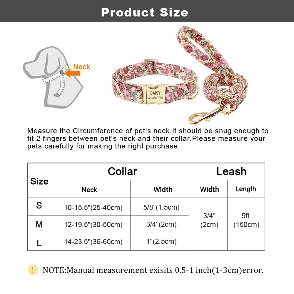 Personalized Dog Collar Leash Set Nylon Dog Collars Floral Printed Pet Walking Leash ID Tag Medium Large Dogs