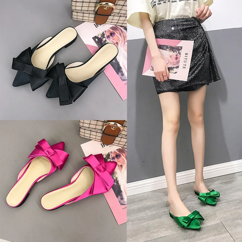 

Baotou Slippers Female 2019 Summer New Korean Version Of The Pointed Bow Flat-bottomed Half Slippers Fashion Wear Women's Shoes