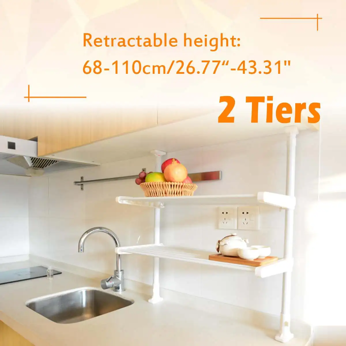 

2Tiers White Kitchen Tension Rack Kitchen Countertop Support Bracket Storage Shelf ABS+Carbon Steel Pipe Organizer Retractable