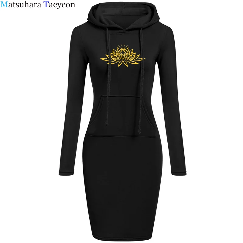 Beautiful Lotus Women Dress Cotton Pocket Dresses Fashion Print Summer Hooded Long Sleeve Casual Clothing | Женская одежда