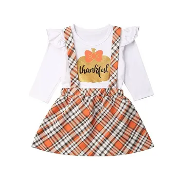 

2PCS Toddler Baby Girls Halloween Outfit Ruffle Sleeve Little Pumpkin Tops+Suspender Plaid Skirt Dresses Children Clothes