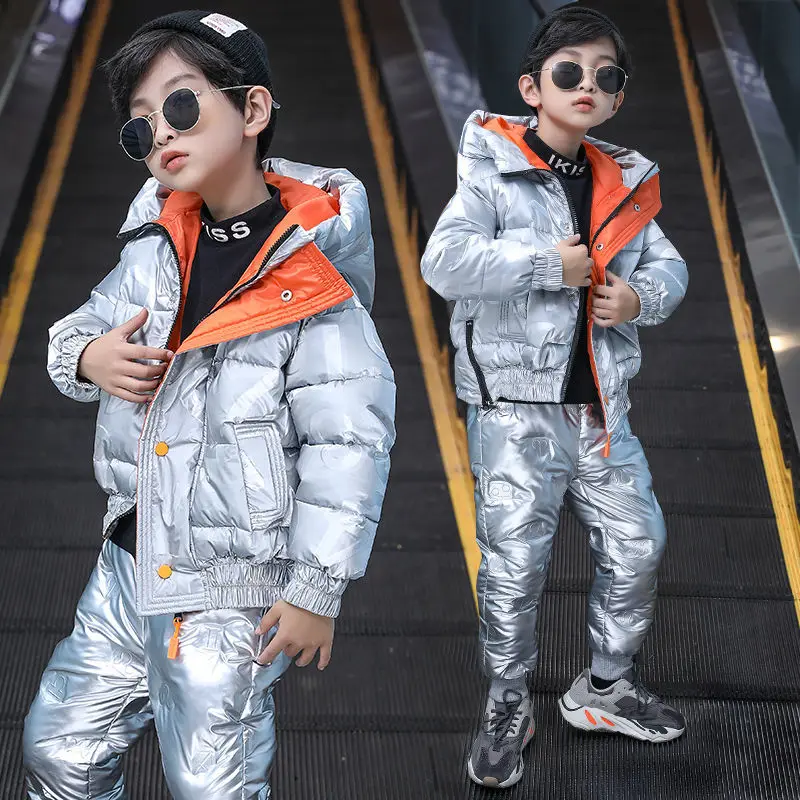 Children's down cotton coat jacket + jumpsuit Children 3-12 children girls boys down jackets 2-piece winter suit warm baby suit