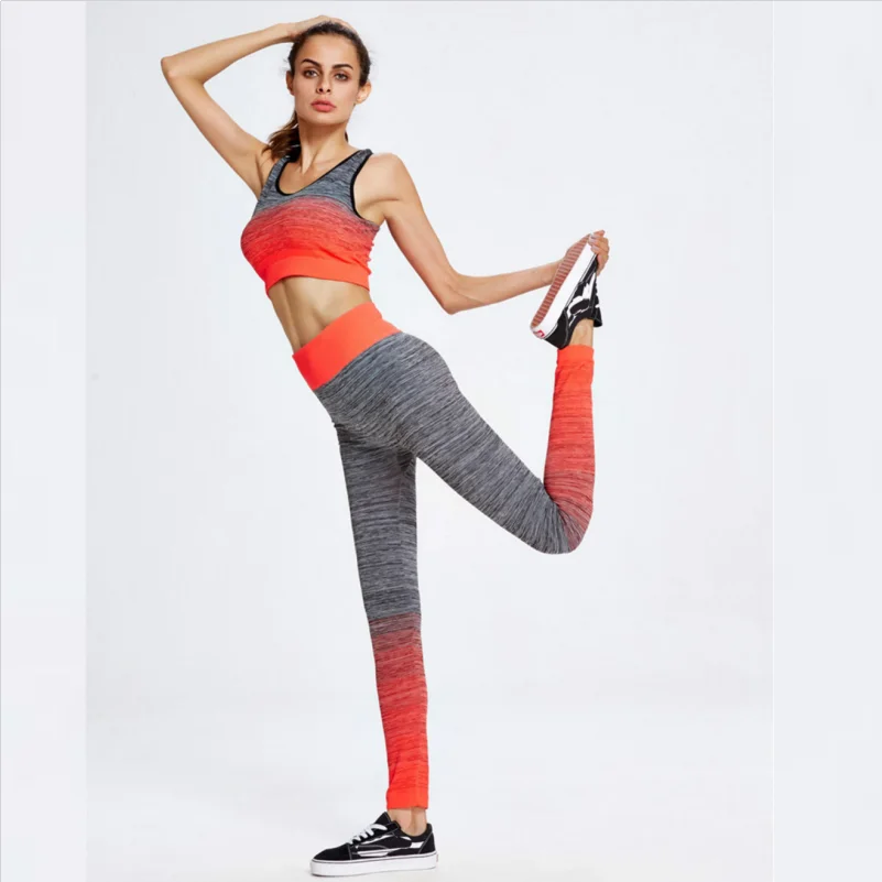 Комплект для йоги, женская одежда для занятий фитнесом, одежда для занятий спортом, бесшовные леггинсы с градиентом, топ с длинными рукавами, тренировочный костюм для занятий йогой
