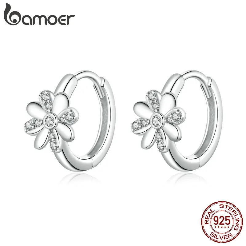 Серьги кольца женские из серебра 925 пробы с маргариткой|Серьги-кольца| |