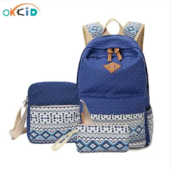 

2019 vintage school bags for girls kids bag canvas backpack women bagpack children backpacks dot shoulder bags blue pencil case