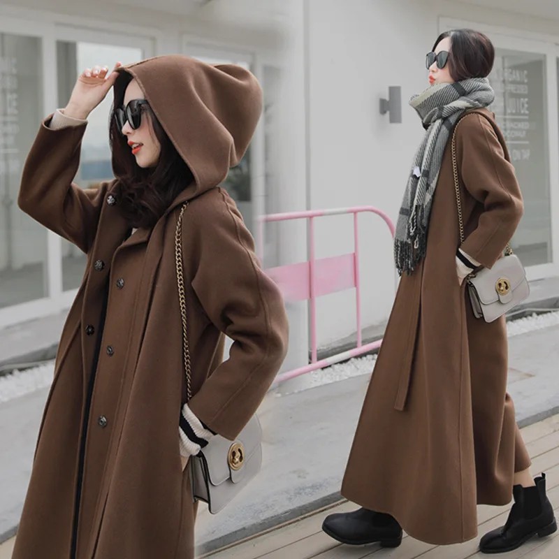 

Double Breasted Street Solid Color Hooded Dacron Woolen Jacket Slim Fit Long Sleeve Long 2018 Winter