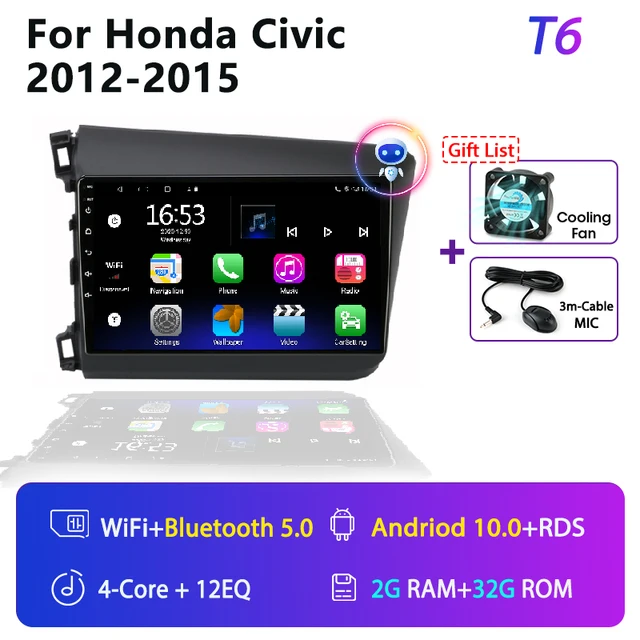 For Honda Civic 2012-2015 Android Car Radio 2 Din GPS navigation Multimedia Video Player RDS DSP 4G DVD Screen Floating stereo T6 2G 32G