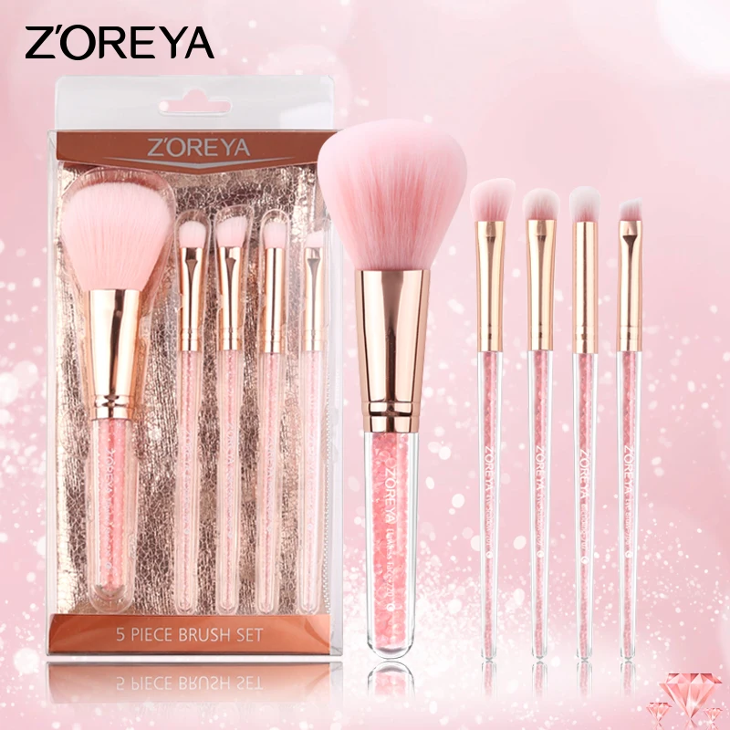 

ZOREYA 5PCS Pink Crystal Makeup Brushes With Super Soft Synthetic Hair Foundation Blush Concealer Eye Brow Make Up Brush Set