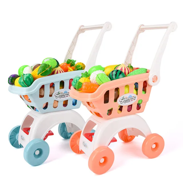 28Pcs/set Kids Large Supermarket Shopping Cart Trolley Push Car Toys Basket Simulation Fruit Food Pretend Play House Girls Toy 2