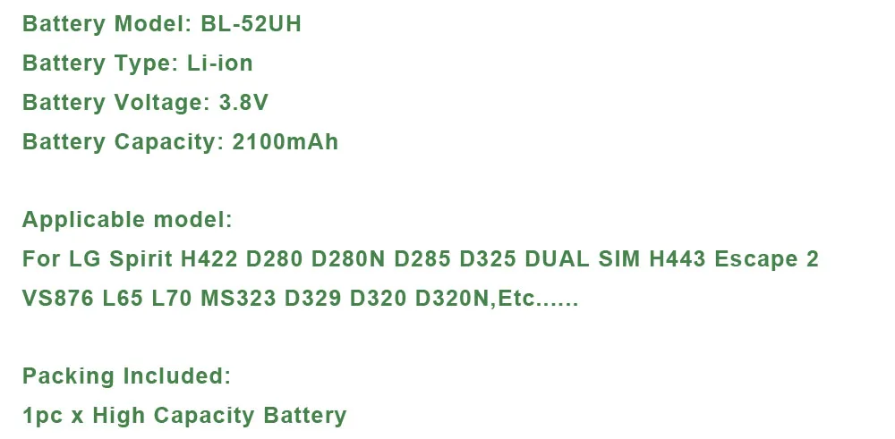 BL-52UH Батарея для LG Spirit H422 D280 D280N D285 D325 DUAL SIM H443 Escape 2 VS876 L65 L70 MS323 D329 D320 D320N 52UH Батарея