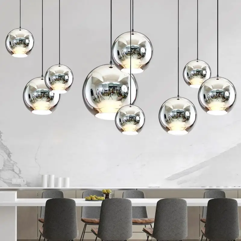 

Modern Chandelier copper sliver Plated mirror glass ball Pendant Lamp Living room Kitchen Loft Fixtures Hanging Light