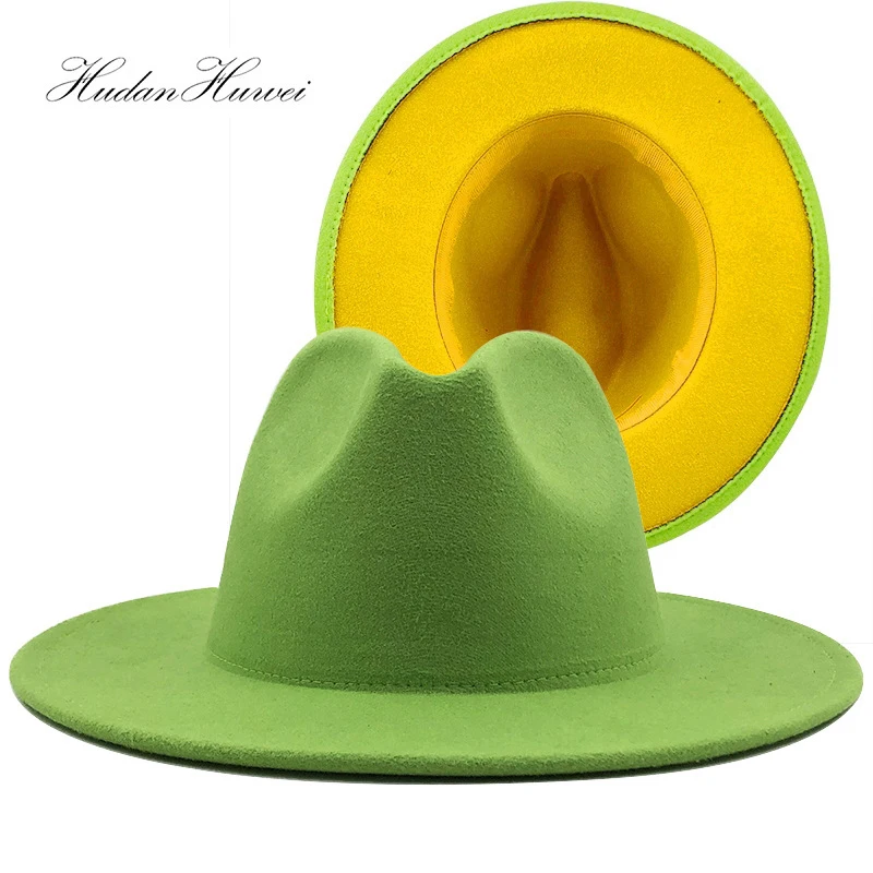 Hot Sell Woolen Felt Fedora Hat Jazz Panama Lime Green Yellow Patchwork