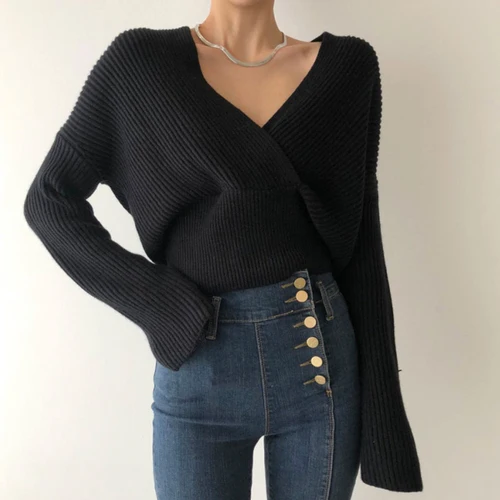 SuperAen Korean Style Women Pullovers Sweaters Autumn and Winter New Ladies Sweaters V Neck Solid Color Casual Tops Female - Цвет: black