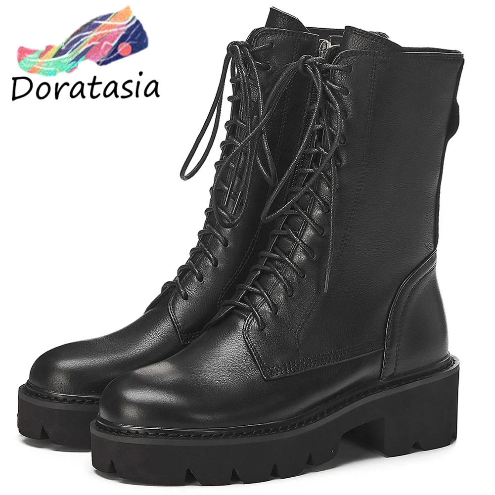 

DORATASIA New Black Platform Booties Ladies lace-up Genuine Leather Ankle Boots Women 2020 Casual Med Chunky Heels Shoes Woman
