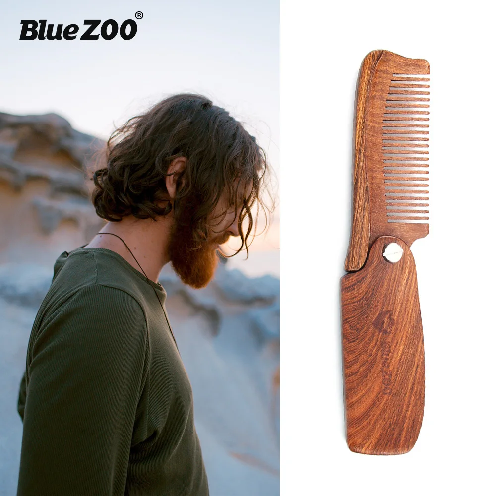 

Black gold sandalwood folding comb + PU leather bag hair beard comb beard portable comb care