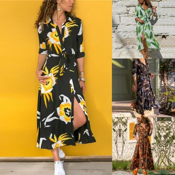 

Casual Women Summer 2020 Long Chiffon Dress Turn-down Collar Button Bandage Dress Printed Pocket Loose Boho Dress Long Vestidos
