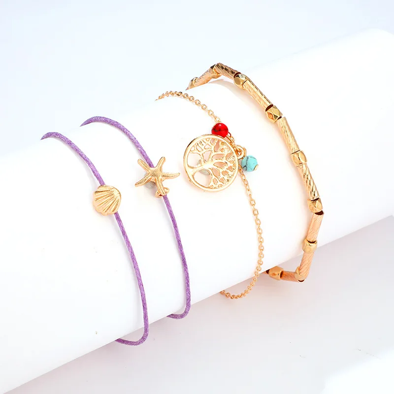 Винтаж Boho многослойное бисерное женские браслеты для щиколотки Модная жизнь дерево Раковина Морская звезда кулон браслет ручной работы цепочка бижутерия для ног - Окраска металла: YG8024