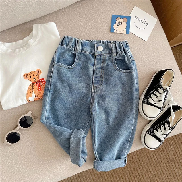 Spring Autumn Girls Embossed Smile Jeans 1-6 Years Children Fashion Solid Color All-Match Denim Pants