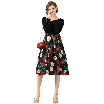 

Jacquard A-line Dress Women Fashion French Style Retro Rose Print Elegant Long Sleeve Female Dress Office Lady Dresses