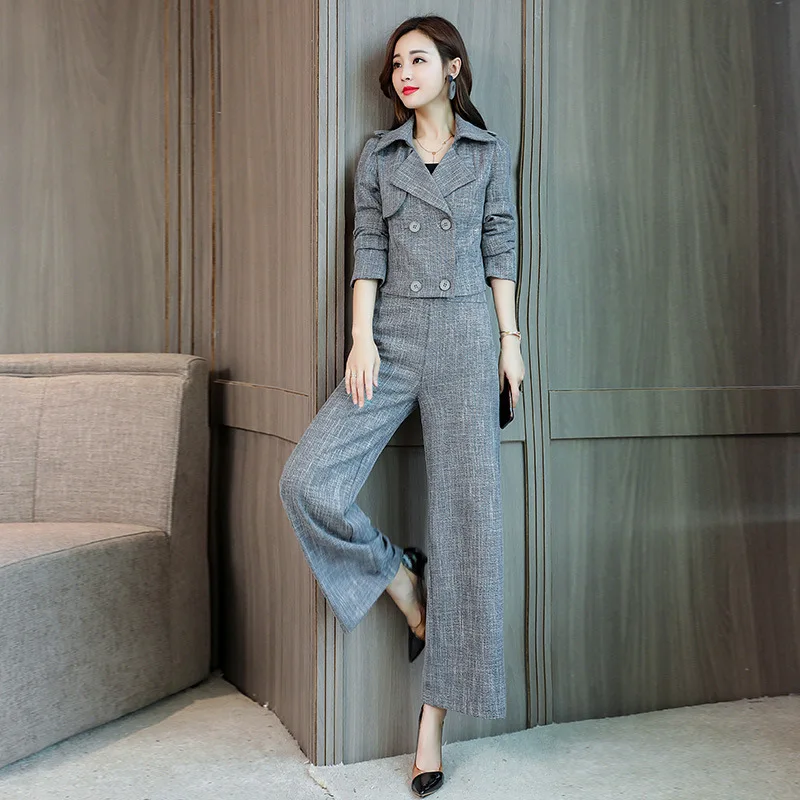 

Autumn New Elegant Double-Breasted Blazer Women Two Piece Set Fashion 2020 Office Lady Slim Fit Wide Leg Pants Set Gray M-2XL