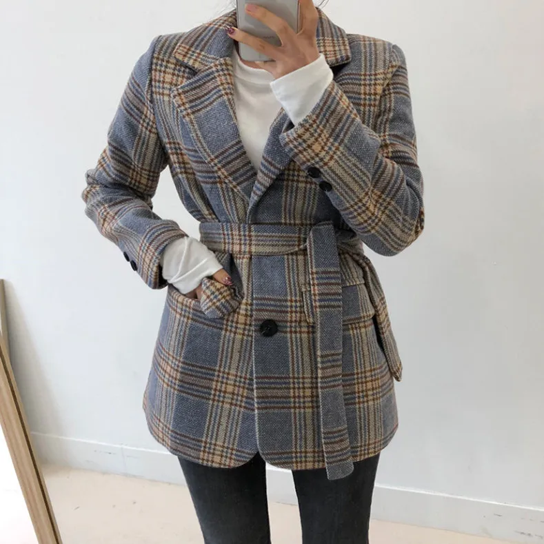 

South Korea Dongdaemun 2019 Autumn & Winter Retro Classic Pattern Waist Hugging Lace-up Cashmere Wool Woolen Jacket Small Suit W