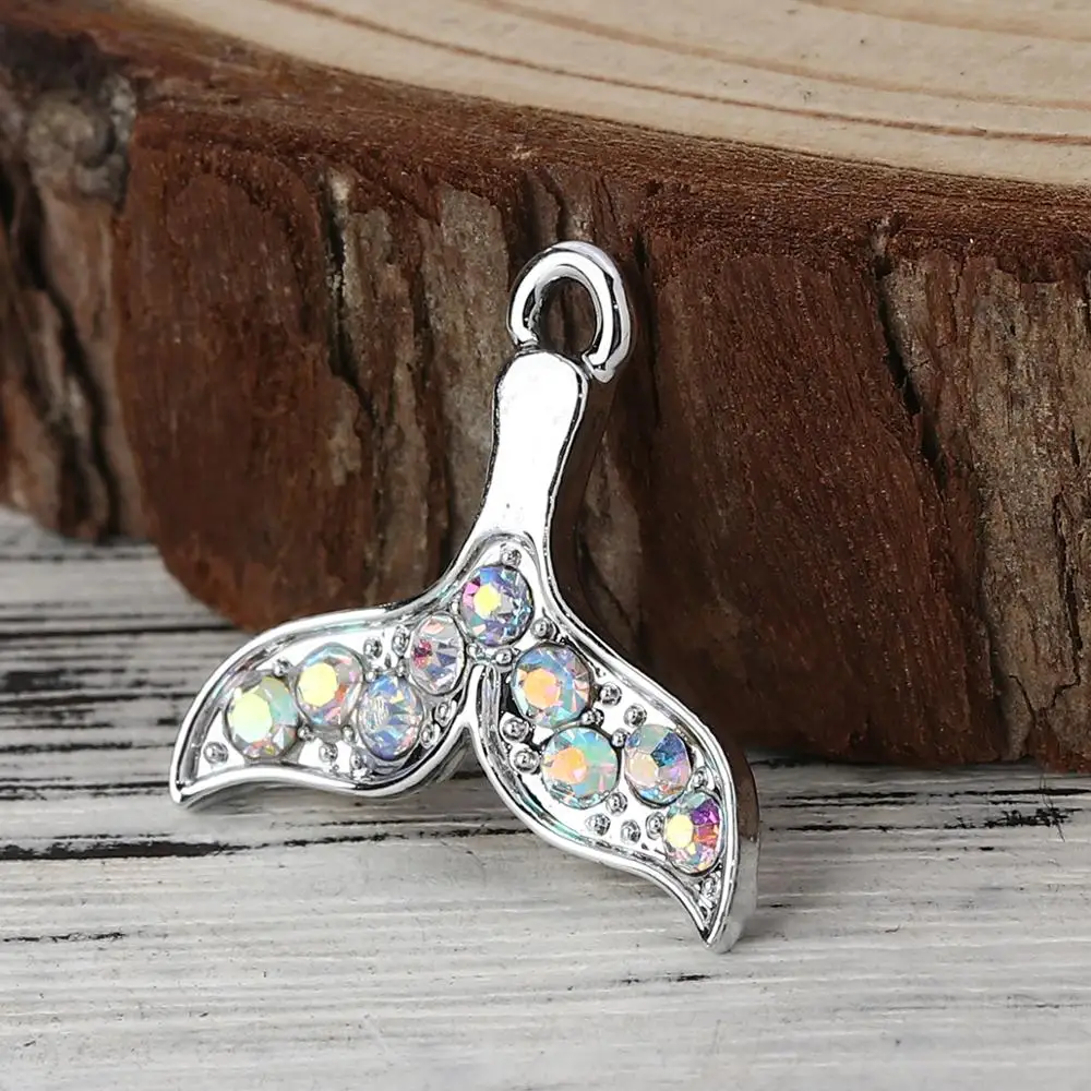 

DoreenBeads Fashion Zinc Based Alloy Pendant Charms Whale Tail Star Silver Tone AB Color Rhinestone Jewelry DIY Findings, 2 PCs