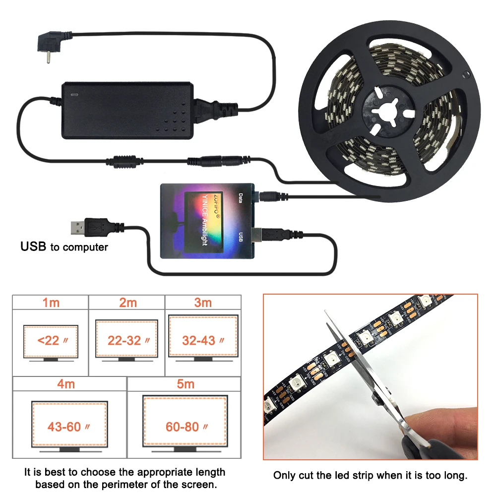 Светодиодная лента easy DIY Ambilight RGB WS2812B полный комплект для телевизора настольного