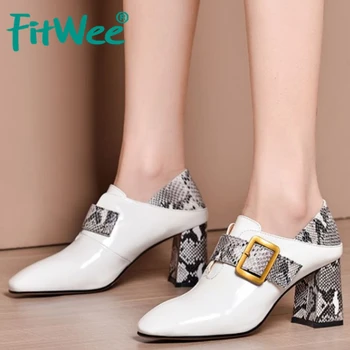 

FITWEE Real Leather Pumps Women Office Work Square Toe Spring Party Snake Pattern Shoes Women Pumps Footwear Size 33-43