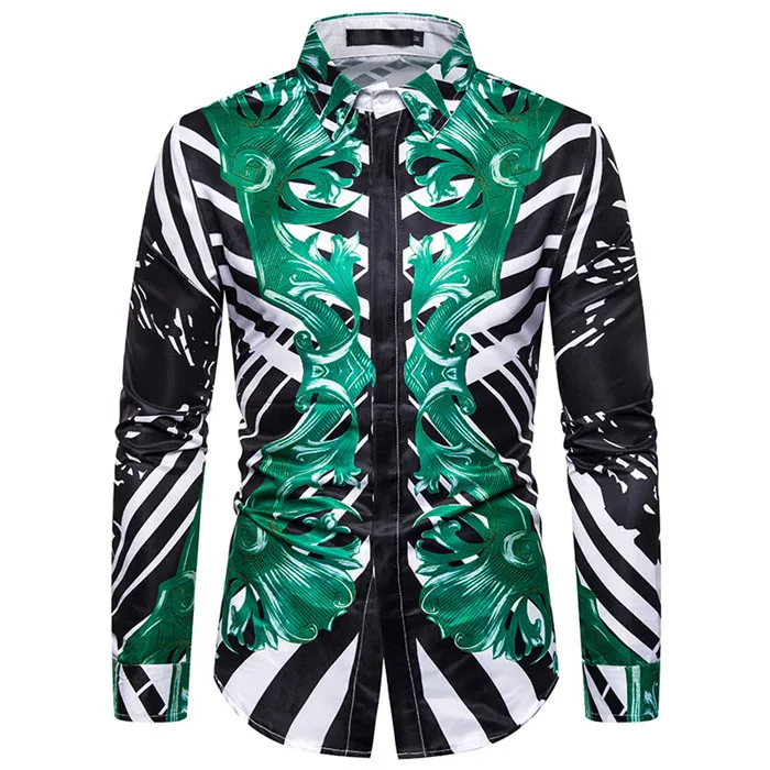 Рубашка в полоску с цветочным рисунком для мужчин Camisa Masculina, роскошная брендовая мужская приталенная рубашка с длинными рукавами, повседневные рубашки, рубашка барокко для мужчин 3XL - Цвет: as picture show