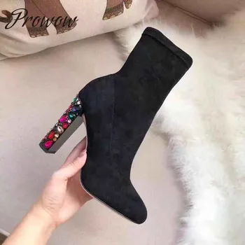 

Prowow New Black Pink Sexy Pointed Toe Ankle Boots Zip Side Elastci Crystal Heel High Heel Boots Branded