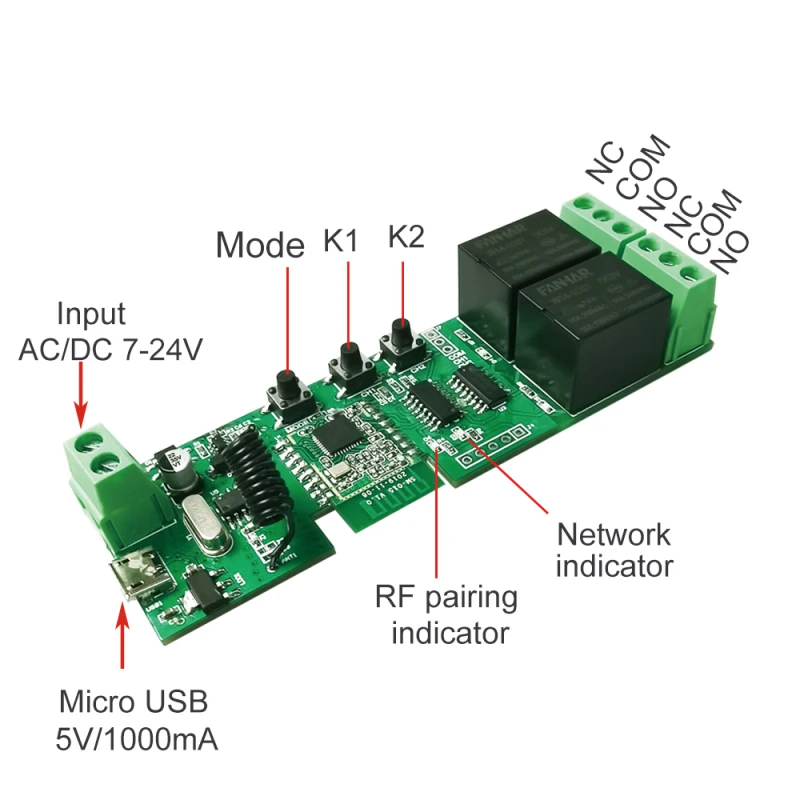 1/2CH Tuya Smart Zigbee Smart Light Switch Module DC 5/12/32V RF433 Receive 10A Relays Work With Alexa Google Assistant