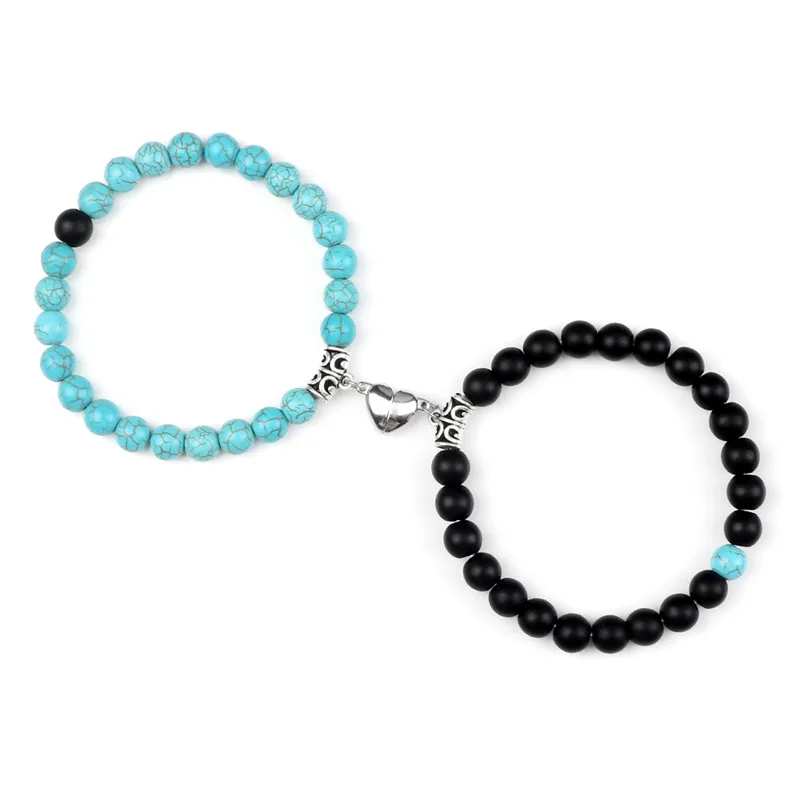 Hot Sale 2Pcs/Set Beads Bracelet For Lovers Natural Stone Distance Heart Magnet Couple Bracelets Friendship Fashion Jewelry Gift 