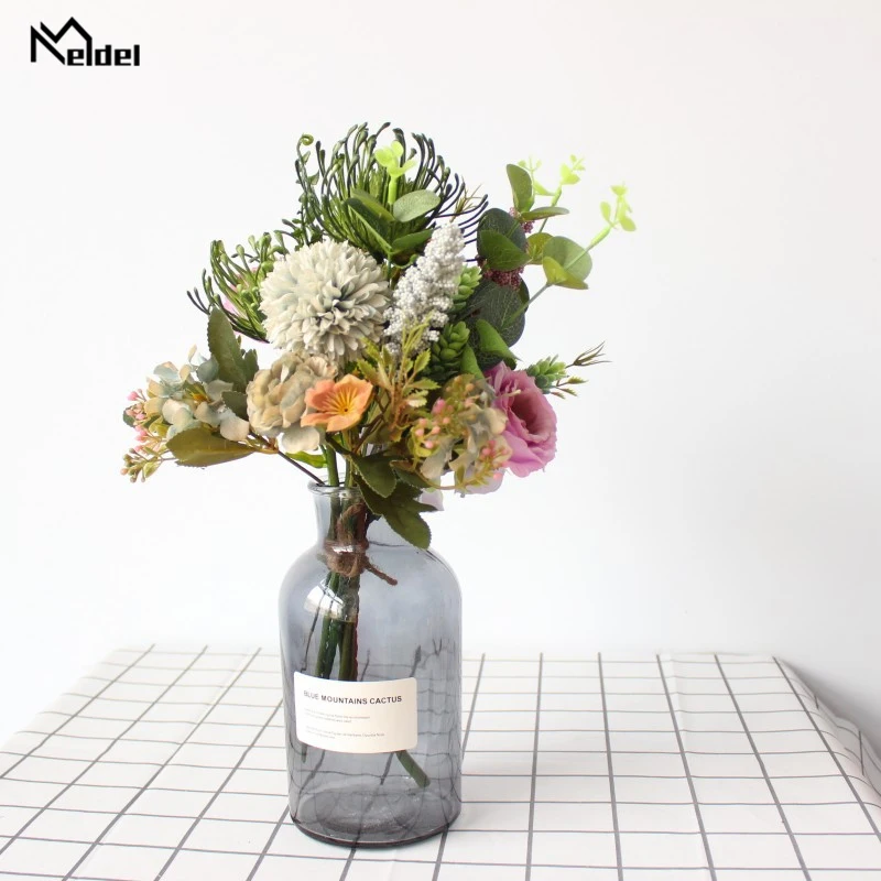 Meldel Bouquet Bride Wedding Flower Bouquet Artificial Silk Hydrangea Lisianthus Pompon Vanilla Eucalyptus Leaves Wedding Flower