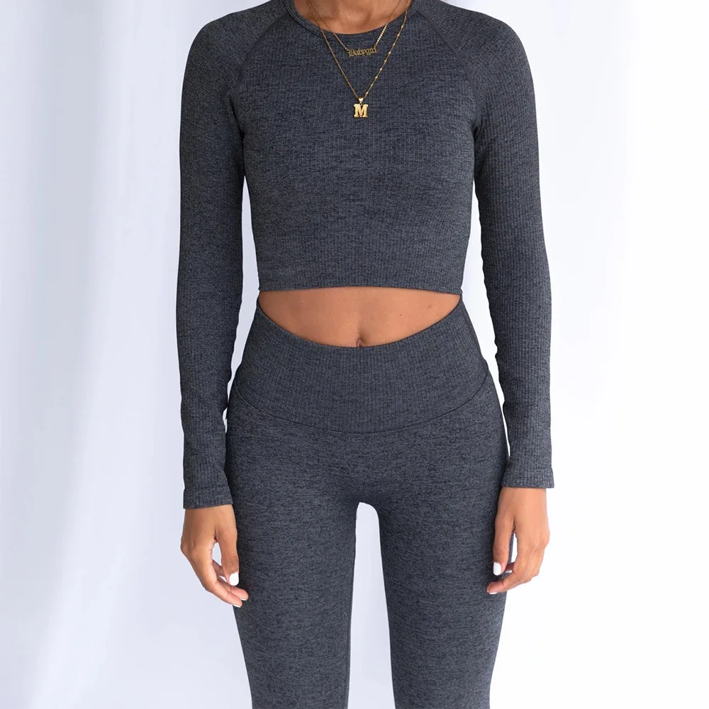 

Seamless Women Yoga Set Long Sleeve Crop Top High Waist Sports Tight Running Solid Female Gym Workout Clothes Sportswear Femme