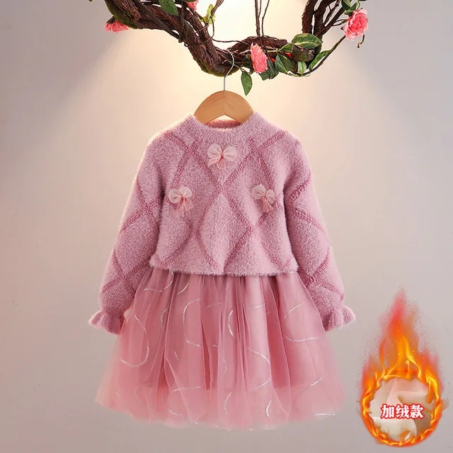 pink velvet Платья-свитеры для девочек; коллекция года; сезон осень-зима; пуловер для девочек; вязаные свитера; платье с длинными рукавами для девочек; повседневная детская одежда; LZ589 - Цвет: pink velvet
