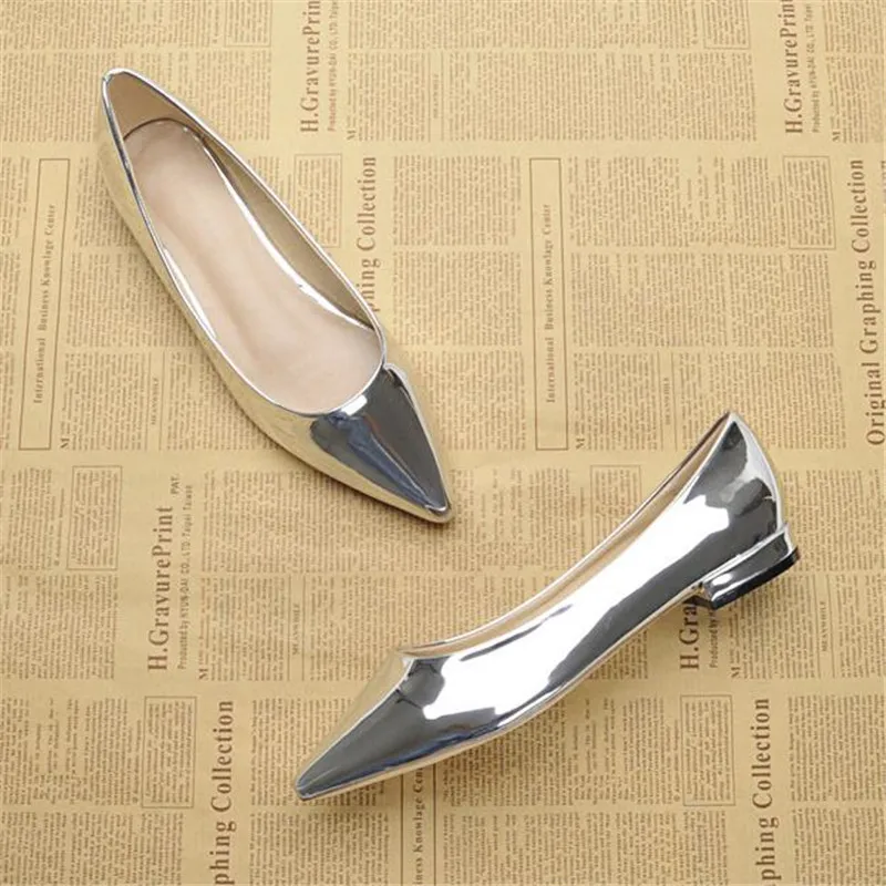 Women Loafers Flat Heel Pointed Toe Flat Shoes Japanned Leather Silver Single Shoes Patent Leather Size 33-43
