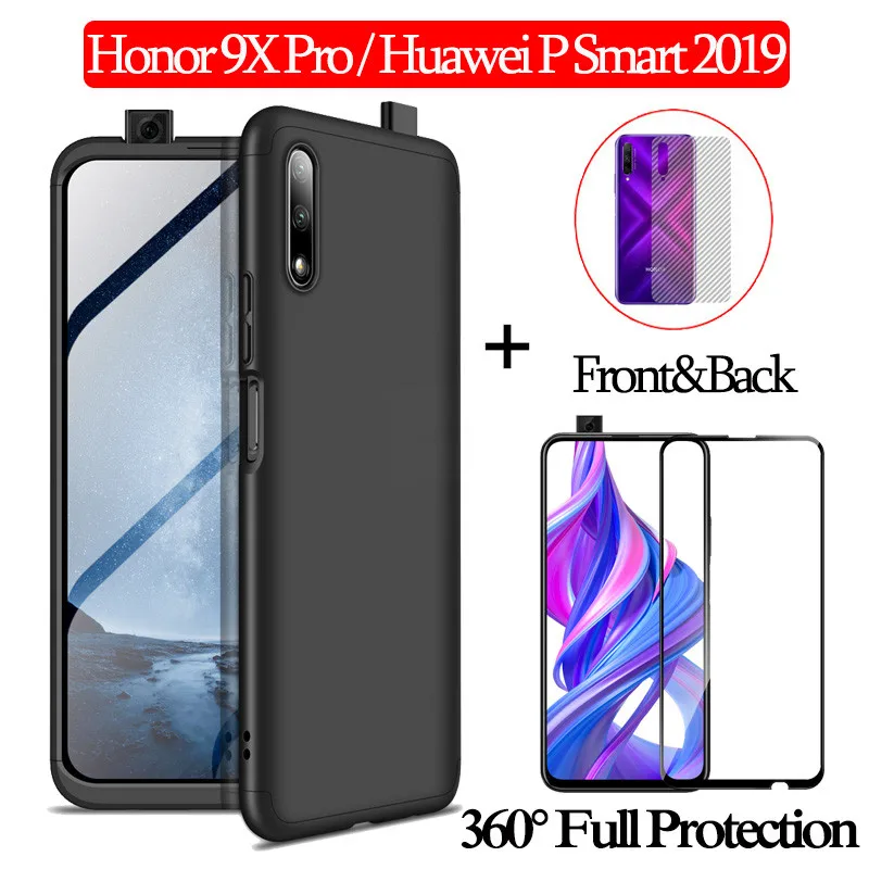 CaseFrontBackGlass1 3-в-1 cтекло+ 360 Защитный чехол на хонор 9x чехол Honor 9X Pro полная защита чехол Huawei-P-Smart- чехол хуавей-п-смарт- Пластик жесткий чехол хонор-9x задняя крышка чехол honor-9x - Цвет: CaseFrontBackGlass1
