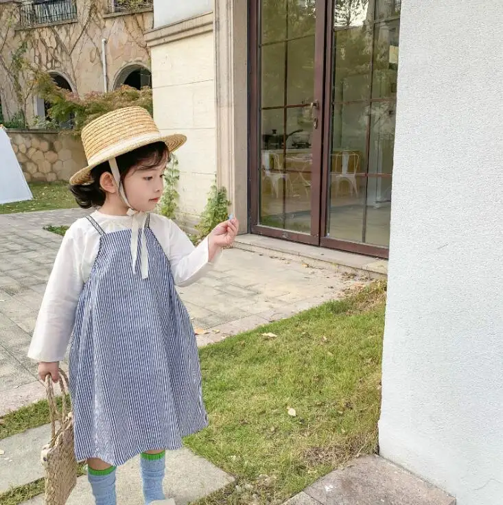 Платье в полоску в Корейском стиле для девочек, весенние хлопковые модные платья для маленьких девочек, детская одежда, От 1 до 6 лет