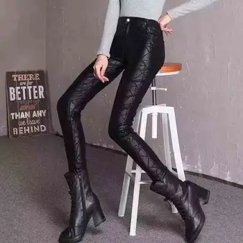 

2020 Autumn Winter fashion large size women Matte leather women pants Plus velvet thick high waist elastic women pants JK67