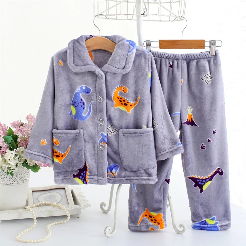 Pijama infantil inverno; детский пижамный комплект из кораллового флиса; пижама с принтом для маленьких мальчиков и девочек; детская фланелевая одежда для сна; пижамы для младенцев - Цвет: Grey dinosaur Pijama