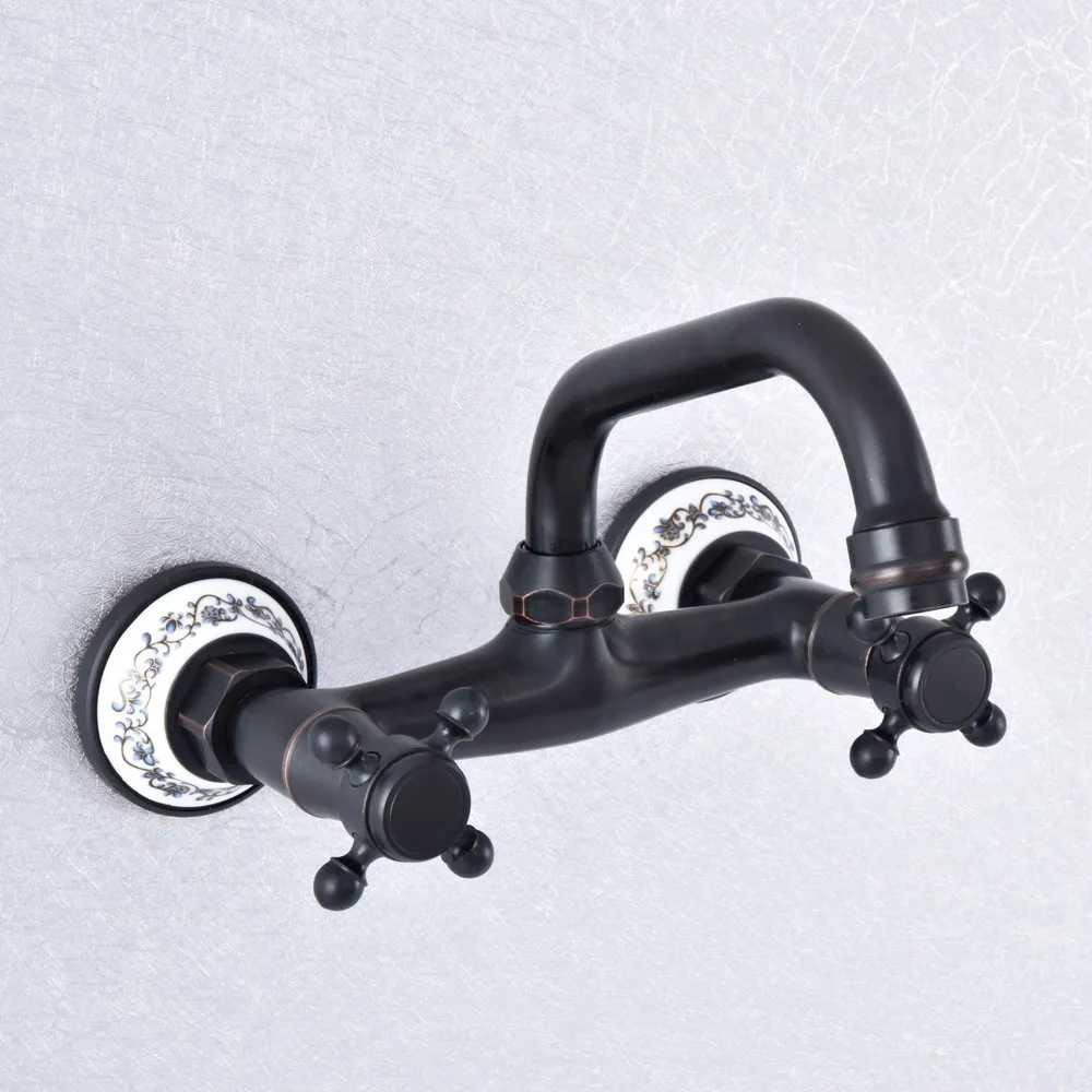 

Black Oil Rubbed Brass Wall Mounted Bathroom Kitchen Sink Faucet Swivel Spout Mixer Tap Dual Cross Handles Basin Water Tap