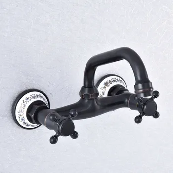 

Black Oil Rubbed Brass Wall Mounted Bathroom Kitchen Sink Faucet Swivel Spout Mixer Tap Dual Cross Handles Basin Water Tap