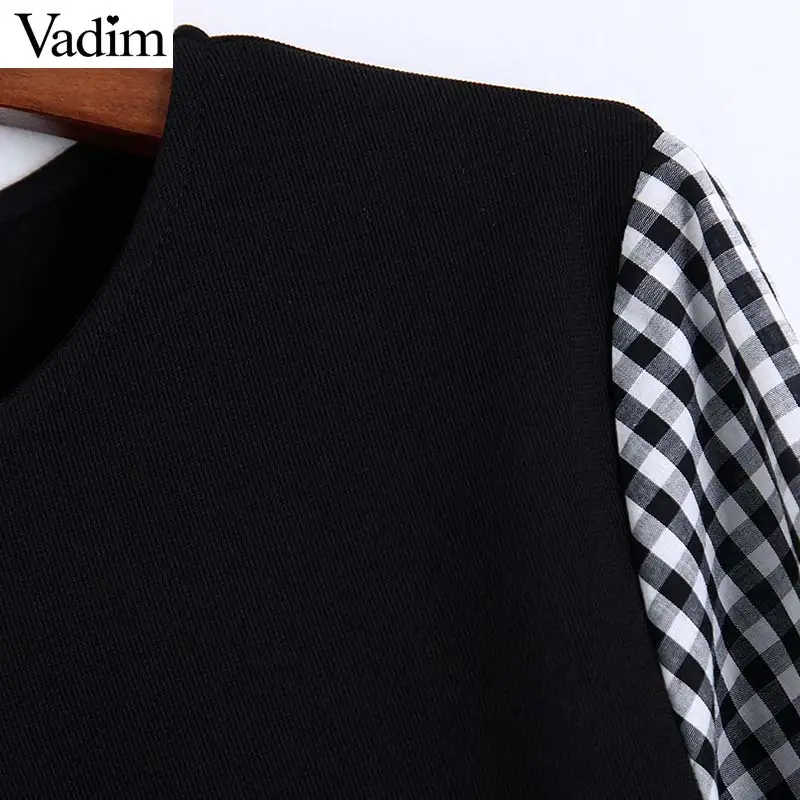 Vadim women fashion plaid patchwork blouse long sleeve O neck shirts female casual stylish tops blusas LB588