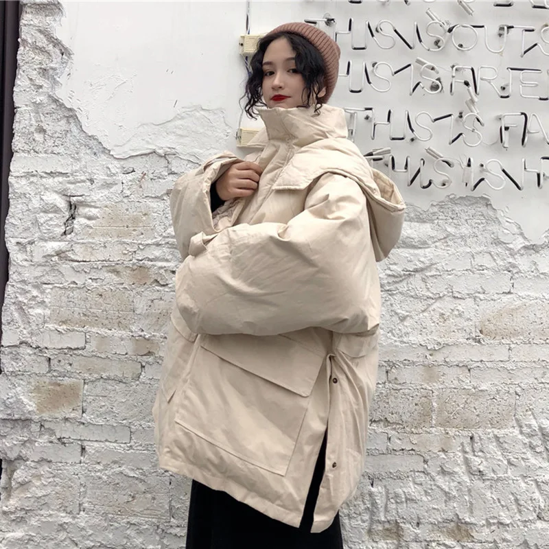 

2019 New Style Winter Women's Korean-style Loose-Fit Large Pocket Workwear Cotton-padded Clothes Mid-length Thick Cotton-padded