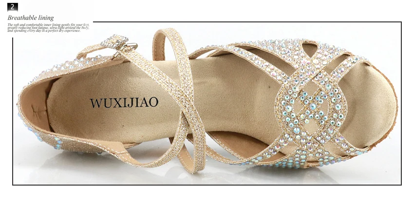 Preciosos zapatos de baile latino dorados con diamante - Bailongas