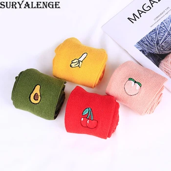 

2019 New Korean Stacked socks Retro Embroidery Socks Long Cute Cartoon Fruit Avocado Banana Cherry Peach Girl Cute Socks