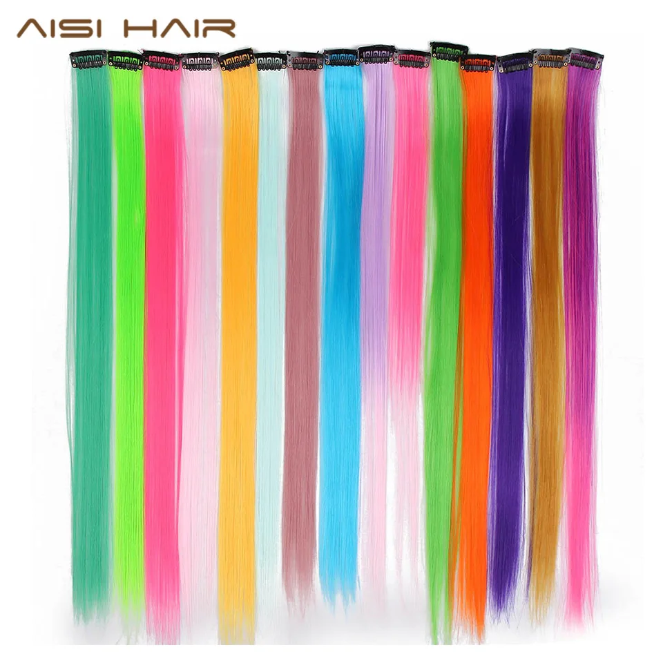

AISI HAIR Clip In One Piece Hair Extensions 20inches Straight Long Synthetic Hairpieces Women Girls Rainbow 45 Colors 8-10G/Pcs
